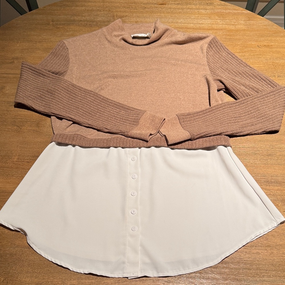 Two-Fer Sweater Blouse Top Mock Neck Neutral Tan & White Size Medium